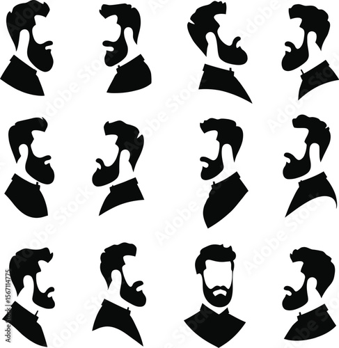 Twelve male beard silhouettes profile views