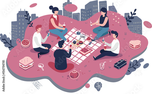 Group of people playing board games together on pink abstract cityscape background with skyscrapers and snacks around