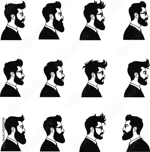Twelve hipster men silhouettes profile views various hairstyles beards
