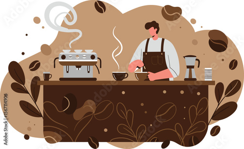 Barista preparing coffee behind counter with espresso machine and coffee beans illustration in warm brown tones 