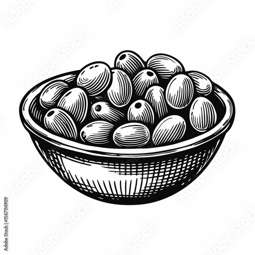 Bowl-filled-with-olives illustration of ripe olives in vintage bowl on white background. Detailed bowl-filled-with-olives hand-drawn shows rich texture with engraving style.