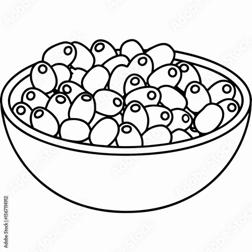 Bowl-filled-with-olives featuring outline drawing in monochrome for coloring books or food related designs. Bowl-filled-with-olives showcases black and white olives in a simple line art style.