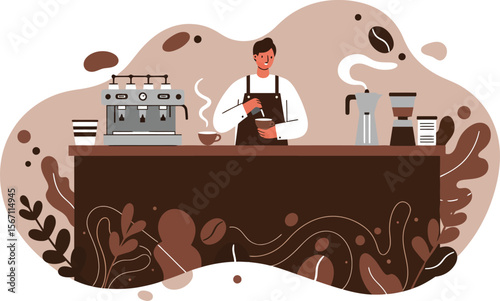 Barista preparing coffee behind counter with coffee machine and cups in cozy coffee shop interior 