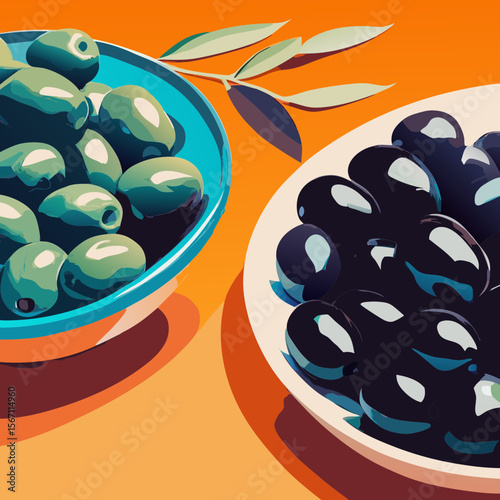 Exploring Green vs Black Olives Comparison. Green vs black olives comparison features vibrant bowls filled with contrasting colors, showcasing both options, including bowls and a sprig of leaves.