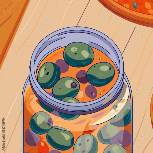 Jar with marinated olives on wooden surface. Jar with marinated olives and some spices, arranged in an appetizing style, highlights culinary appeal.