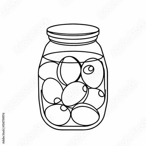Jar with marinated olives drawing in black and white on transparent background, perfect for stickers. Jar with marinated olives simple illustration of canned food for menu design and healthy diet.