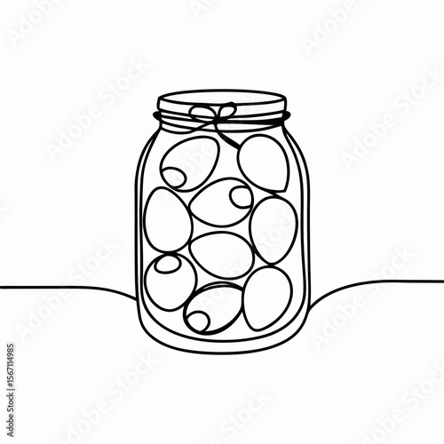 Jar with marinated olives in a continuous line drawing, showcasing culinary simplicity. Jar with marinated olives offers minimalistic food illustration in black outline,