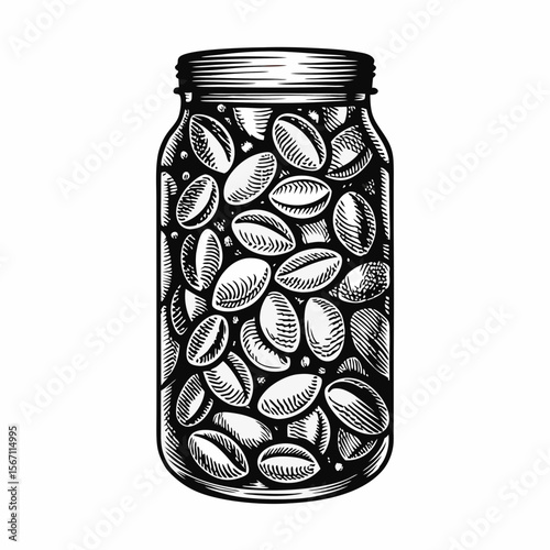 Jar with marinated olives in illustrative style, glass jar full of whole olives is perfect for food illustrations. Marinated olives in jar showcase tasty snack,