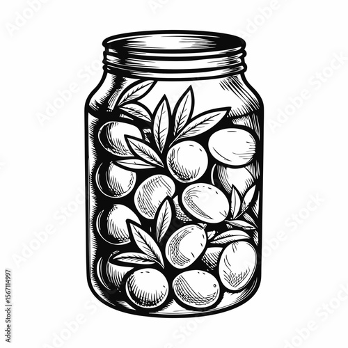 Jar with marinated olives hand drawn in sketch style. Jar with marinated olives features green leaves, artistic strokes, and a rustic charm.