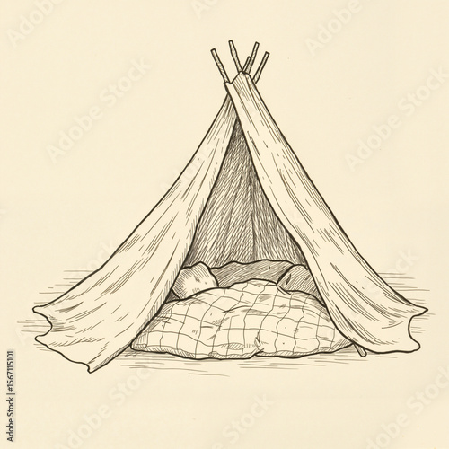 Blanket fort in quiet room. Cozy refuge for rest and play. Light vintage style