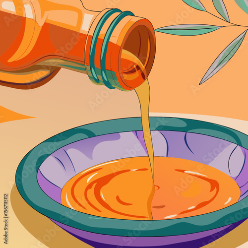 Olive-oil-pouring-from-bottle, a culinary tradition captured, a visual feast. Olive-oil-pouring-from-bottle shows rich golden liquid cascading into bowl, promising flavorful delights.