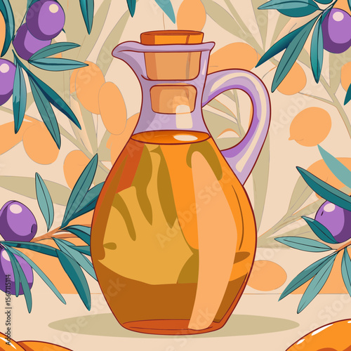 Olive-oil-in-clay-amphora with traditional cork in colorful flat vector illustration, including fresh purple olives on branches. Olive-oil-in-clay-amphora is a Mediterranean style culinary concept.
