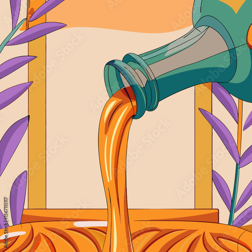 Olive-oil-pouring-from-bottle illustration with vibrant colors shows olive oil pouring from bottle.