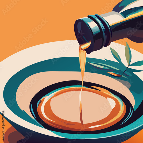 Olive-oil-pouring-from-bottle scene with golden liquid flowing into elegant bowl in studio. Olive-oil-pouring-from-bottle display focuses on pure oil, showcasing bottle and decorative olive branch.