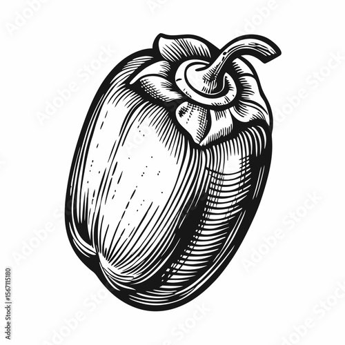 Single olive fruit in detailed etching showcases organic texture and natural form. Single olive fruit is rendered with meticulous lines highlighting depth and shadows.