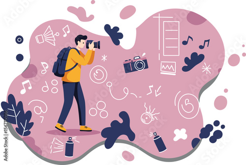 Male Photographer Taking Pictures with Camera and Backpack in Creative Artistic Background Illustration 