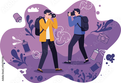 Two photographers capturing images outdoors with camera equipment and backpacks in purple-themed nature background 