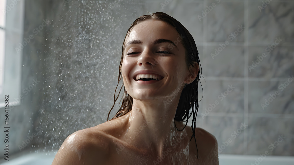 Obraz premium Beautiful satisfied European woman washes away shampoo from the head hair in bathroom, takes a shower and enjoys, smiling.. 