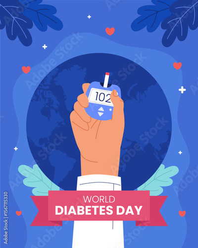 flat world diabetes day poster with glucometer illustration. Clean illustration blood glucose meter, health icons. Perfect for awareness banners, social media, and medical campaigns.