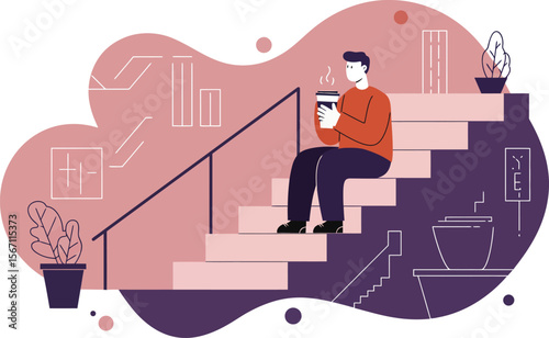 Young man sitting on staircase drinking coffee in cozy indoor setting with plants and warm colors 