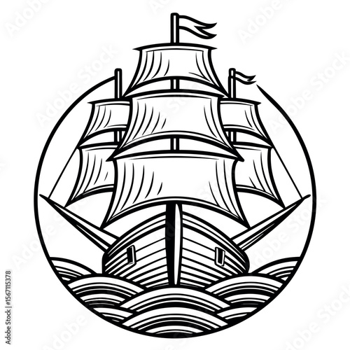 Sailing ship with billowing sails on wavy sea tall ship