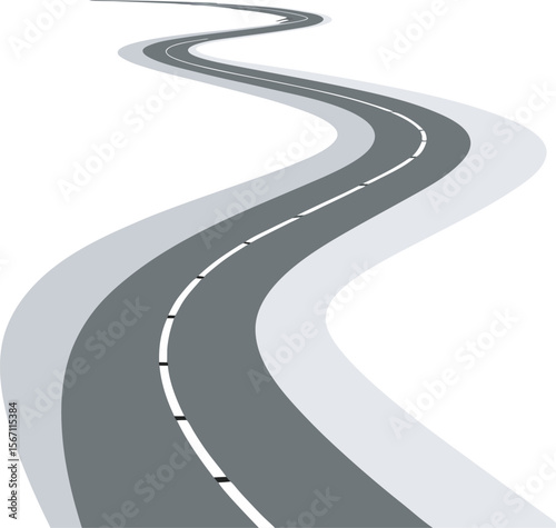 Abstract Winding Road: Gray Scale Journey,  Serene Travel Concept,  Asphalt Path Ahead. isolated on a white background