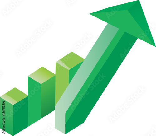 Green isometric arrow soaring above upward trending bar graph; positive growth, financial success, eco-friendly business concept. isolated on a white background
