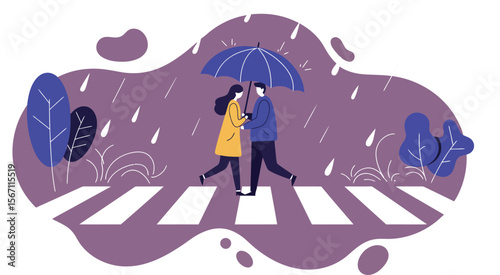 Couple walking under umbrella on rainy day crossing street with purple hues urban scene 