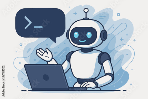 AI robot coding on a laptop. Artificial intelligence chatbot concept with a smart bot writing code. Command prompt, machine learning, virtual assistant, futuristic technology vector.