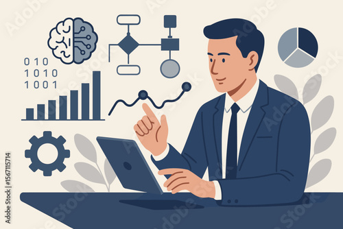 AI business management concept. Professional using a tablet for data analysis. Artificial intelligence, smart automation, big data analytics, workflow optimization, digital technology.