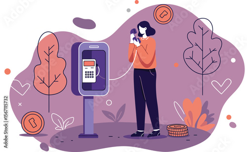 Young woman using parking meter payment machine in urban park setting with autumn colors and digital interface technology 