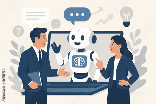 AI technology concept with business people talking to a chatbot. Artificial intelligence assistant on laptop providing support, solving problems, and aiding in decision making. Vector.