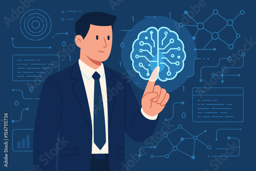 Businessman touching glowing AI brain icon. Artificial intelligence, machine learning, data algorithm concept. Future business technology, neural network, coding development vector.