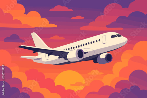Airliner flying in the sky with colorful clouds at sunset or sunrise. Modern flat vector cartoon illustration. Passenger plane journey, air travel, tourism and vacation concept.