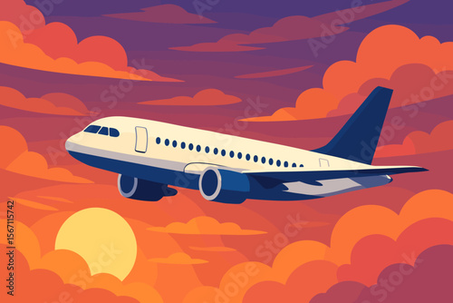 Passenger airplane flying in a beautiful sunset sky with colorful orange clouds. Commercial airliner flight concept. Modern flat vector illustration for travel, vacation, or transport.