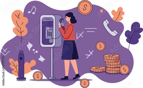 Woman using public phone booth surrounded by coins and financial symbols in purple and orange tones 