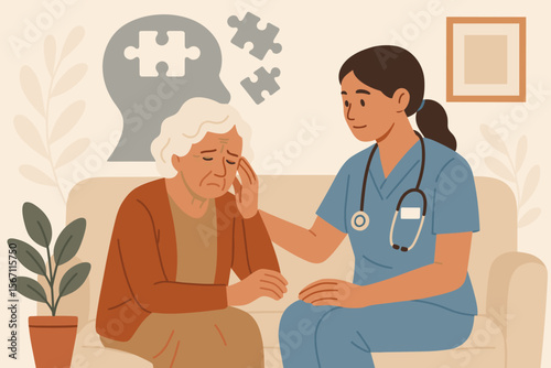 Alzheimer's disease concept showing a caregiver supporting an elderly woman with dementia and memory loss. Nurse comforts sad senior patient. Mental health and neurology puzzle concept.