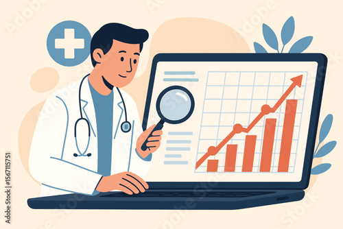 Doctor analyzes healthcare business growth chart on laptop. Medical professional with magnifying glass examines financial statistics and data. Health industry report concept.