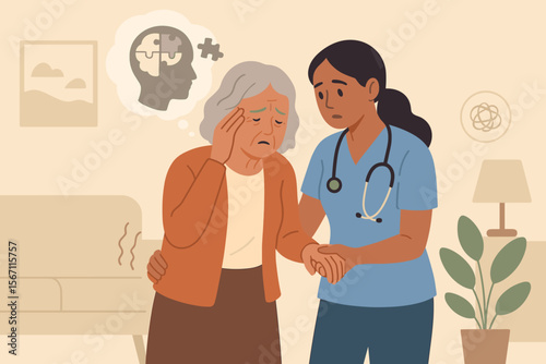 Alzheimer's disease and dementia concept. Sad elderly woman with memory loss and confusion. Supportive nurse or caregiver comforting senior patient in a home care setting. Vector.