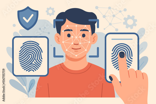 Biometric authentication technology concept. Man using face recognition and fingerprint scanning for security. Identity verification, data protection, and secure access control. Vector.
