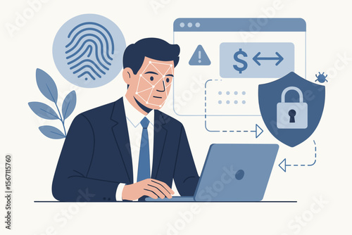 Cybersecurity and biometric identification concept. Businessman at laptop using facial recognition and fingerprint scan for secure online financial transaction. Data protection from cyber attack.