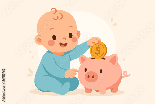 Cute baby putting a gold dollar coin in a piggy bank. Financial savings concept for the future. Child learning about money, investment, and economy. Modern flat cartoon vector.