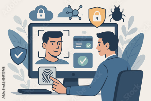 Biometric identification for cyber security. Man uses fingerprint and face scan to protect business data and transactions from online digital cyber attacks. Secure cloud access concept.