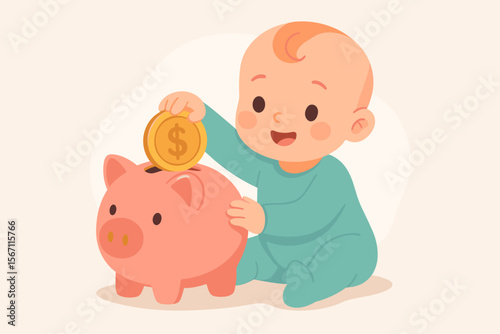 Cute cartoon baby putting a gold dollar coin in a piggy bank. Saving money for the future. Concept for financial education, child savings account, early investment, wealth. Vector.