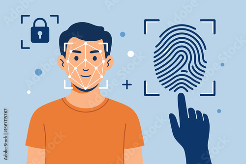 Biometric authentication technology with face recognition and fingerprint identification. Secure access control and identity verification system for data protection and cybersecurity concept.