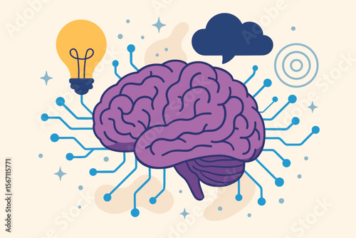 Brain and nervous system concept for creative idea and thinking process. Artificial intelligence and machine learning vector illustration. Psychology, deep learning, and innovation.
