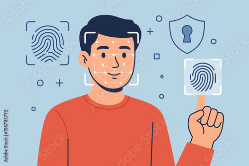 Biometric authentication security concept. Man using face recognition and fingerprint scanning for identity verification. Cybersecurity technology for data protection and access control.
