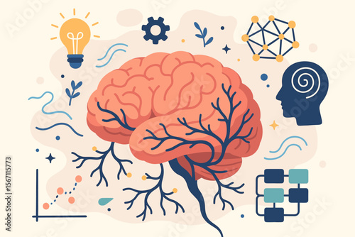 Brain thinking process concept. Psychology, nervous system, and mental health. Creative idea, innovation, and logic. Artificial intelligence, machine learning, and deep learning.