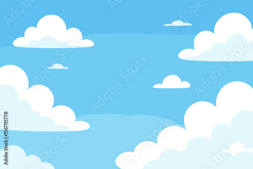Blue sky with fluffy white clouds vector background. Modern flat cartoon illustration for kids. Sunny day weather scene with empty copy space for text. Simple nature landscape backdrop.