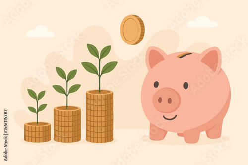 Financial investment and saving money concept. Piggy bank with growing coin stack chart. Plant seedling on money symbolizes business profit, wealth, success, and return on investment.